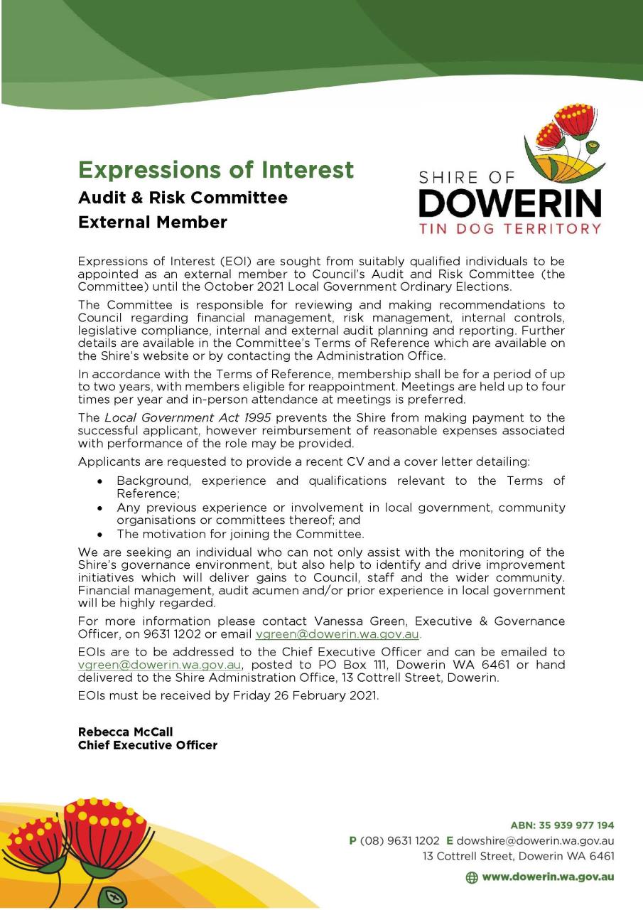 Expressions of Interest - Audit & Risk Committee External Member